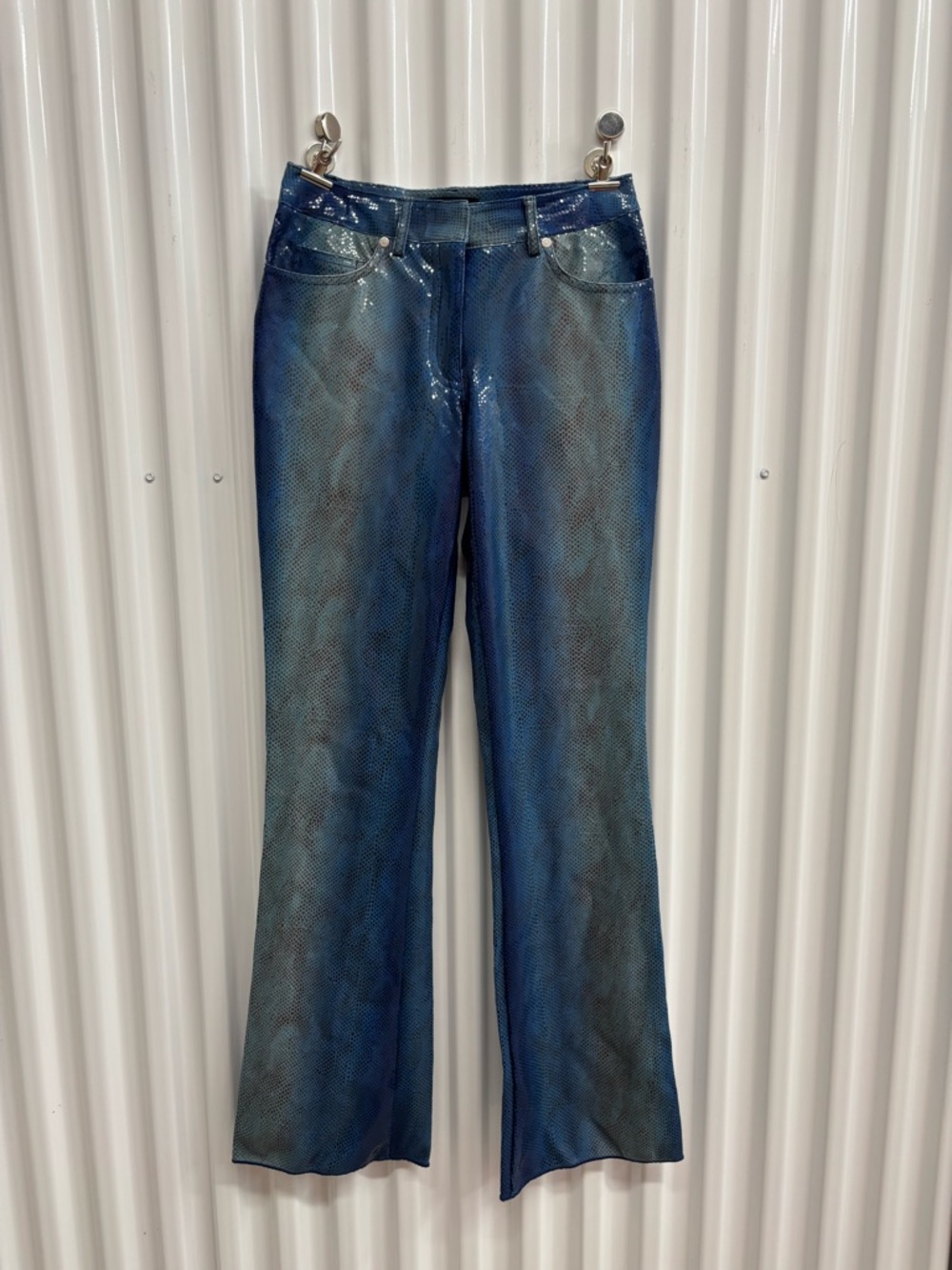 bebe Blue Iridescent Snake-Print Flare Jeans